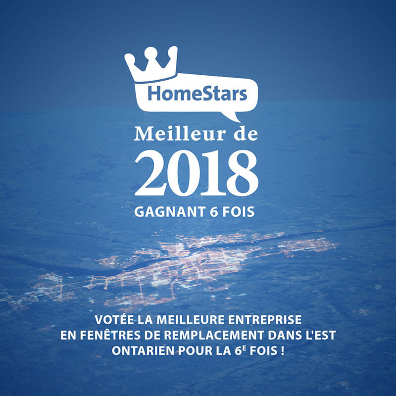 Portes et fenêtres Verdun par Nordik a été élue meilleure entreprise de remplacement de fenêtres de l'Est de l'Ontario pour la sixième fois par HomeStars.