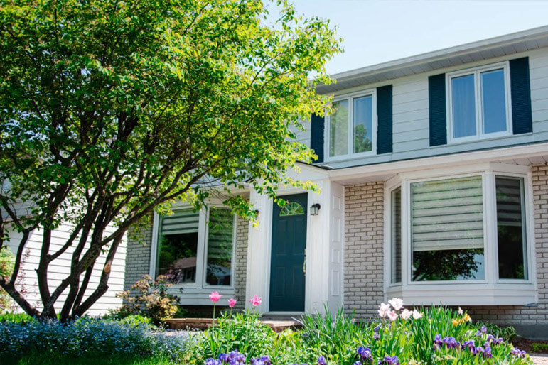 An exterior view of a home with a large, green tree in the front yard.