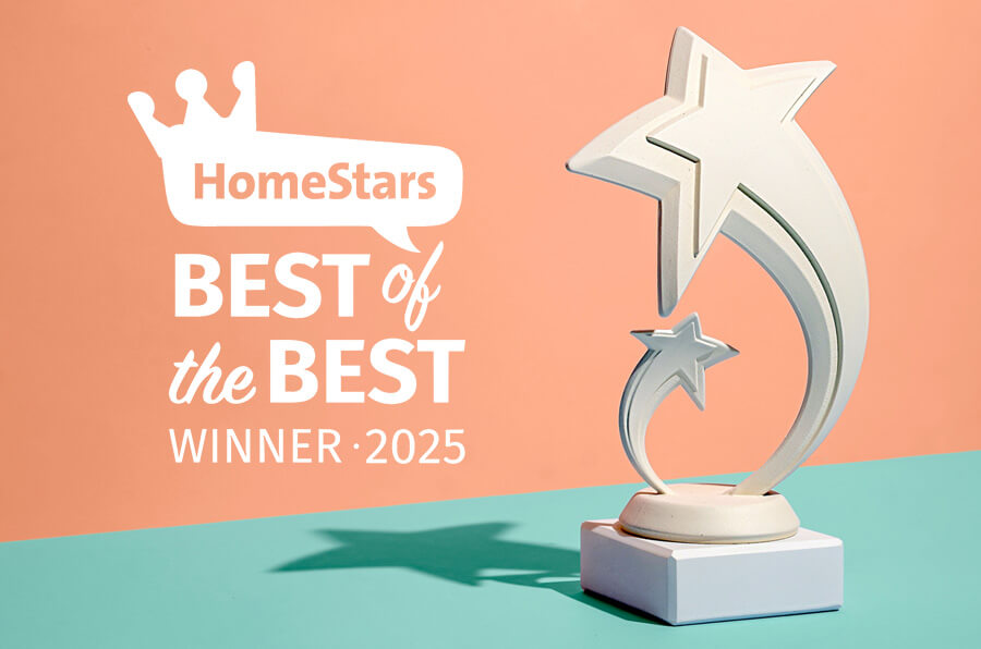 A white trophy with two stars on a teal and peach background, beside text that reads HomeStars Best of the Best Winner 2025 with a crown logo above the word HomeStars—celebrating excellence in windows and doors.