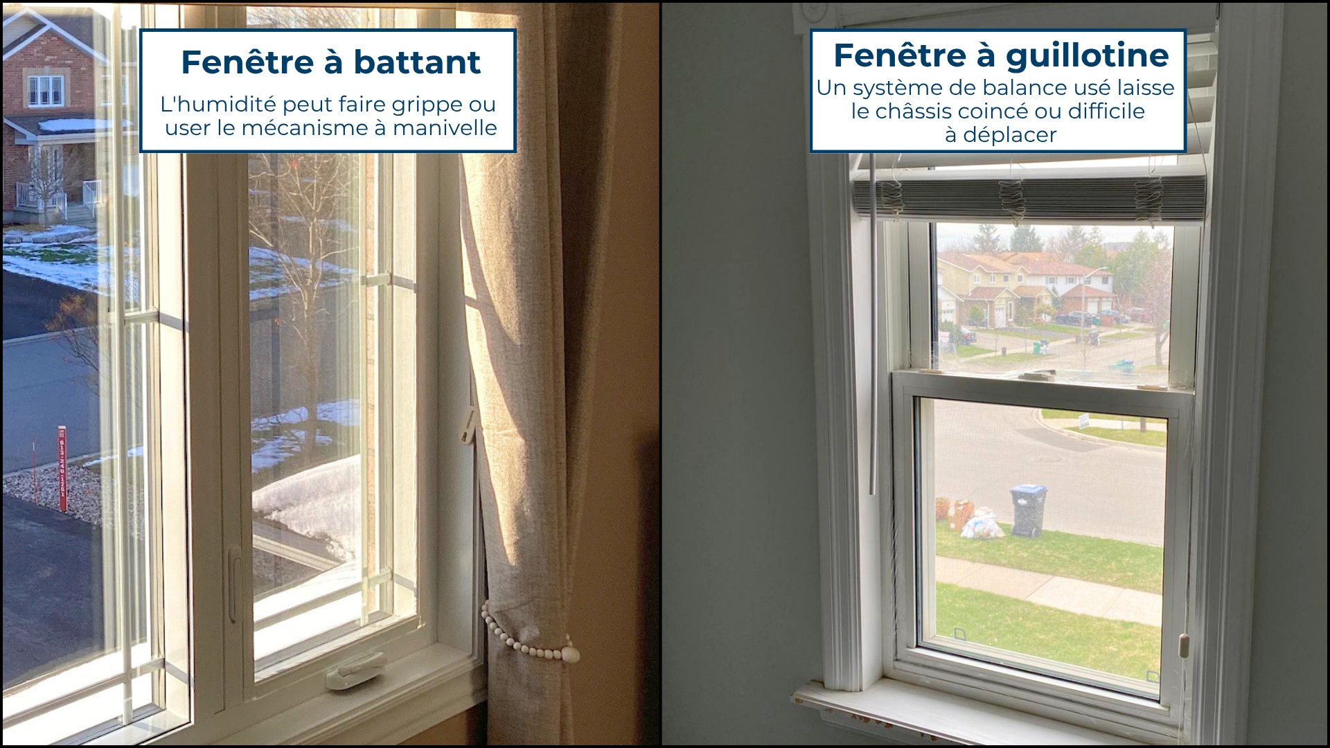 Comparaison côte à côte d'une fenêtre à battant à gauche et d'une fenêtre à guillotine à droite