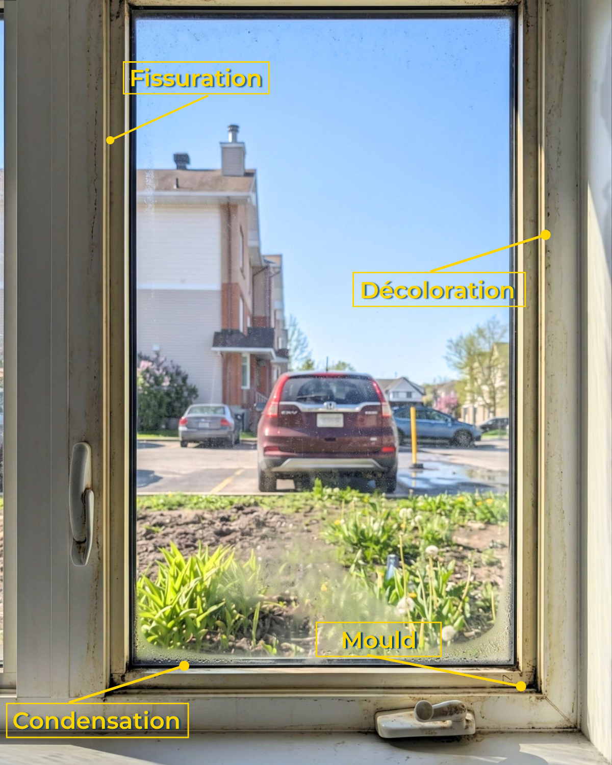 Fenêtres sur une maison montrant des signes qu'elles pourraient devoir être remplacées
