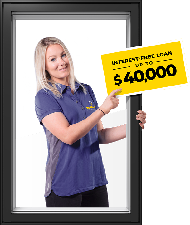A Verdun sales representative points to a $40,000 interest-free loan graphic