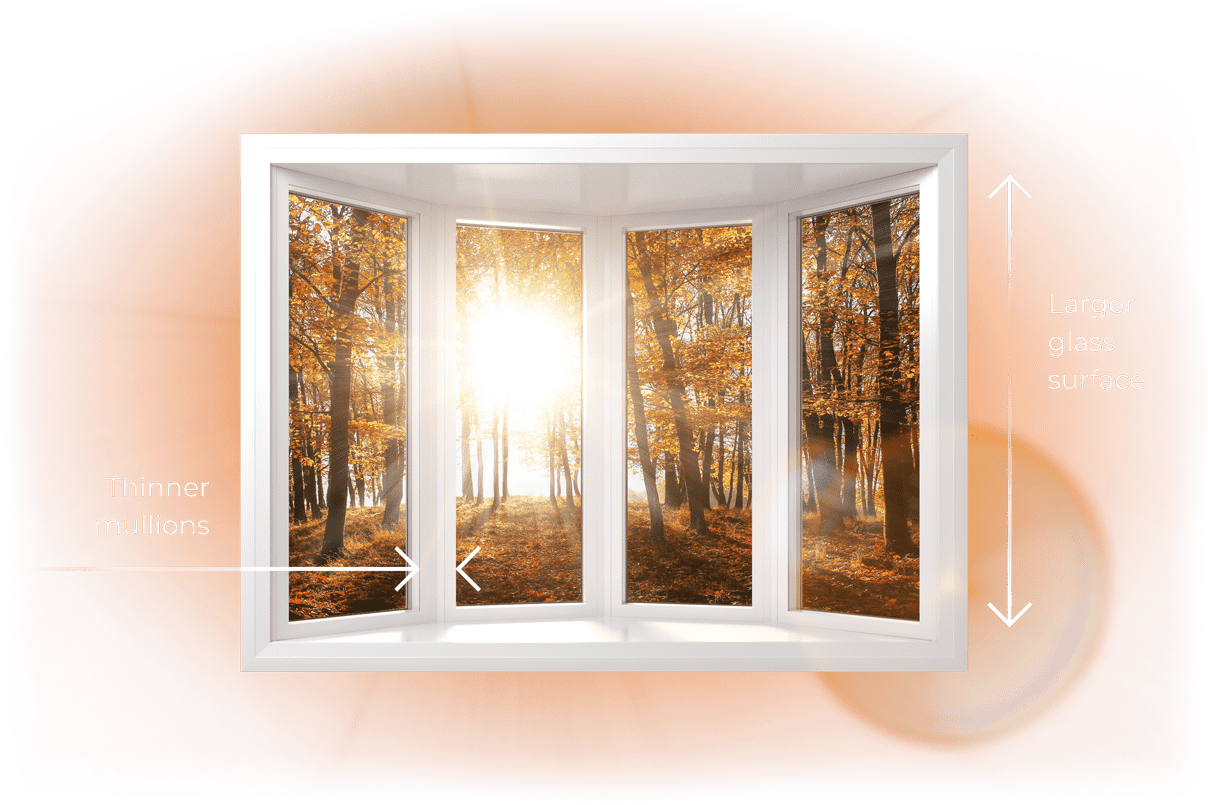 A RevoCell bay window showcasing it's thinner mullions and more glass surface area, making them brighter.