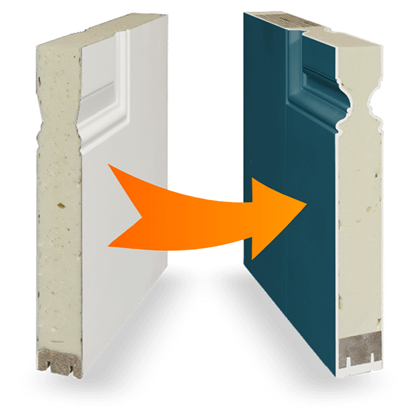 A graphic showing the transition from steel to fibreglass doors