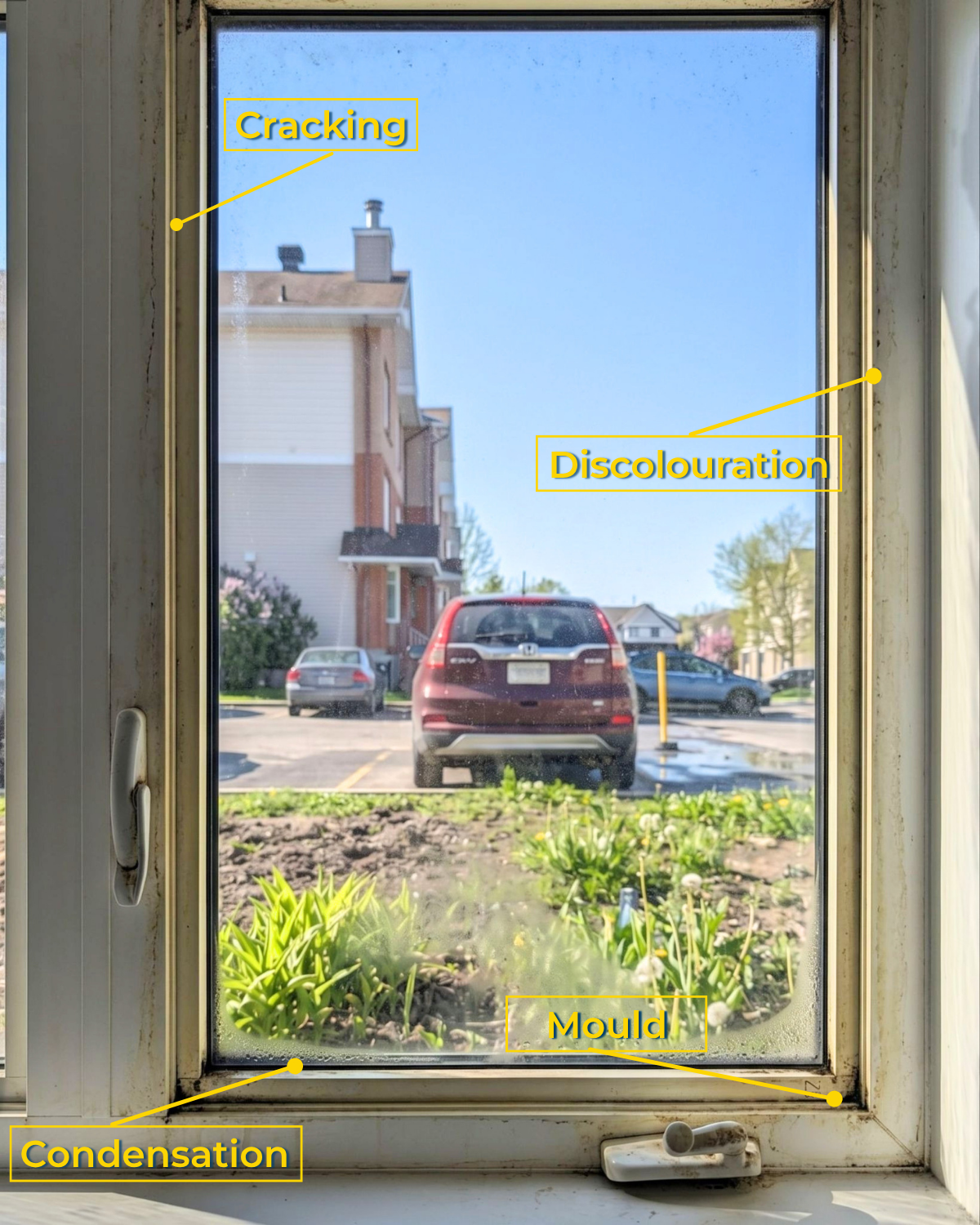 Windows on a home showing signs they may need replacing